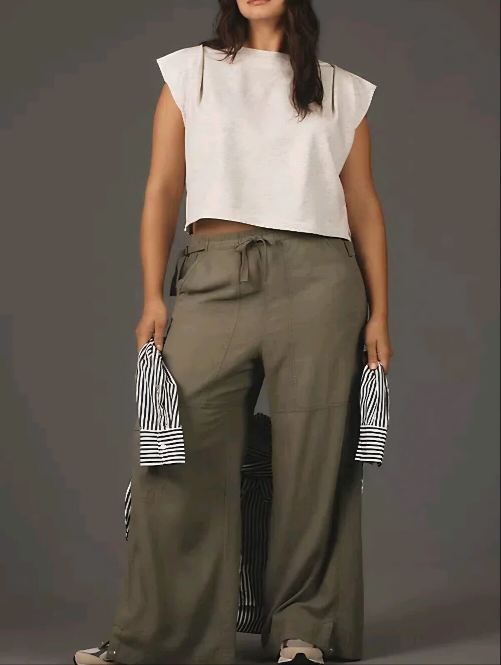 ANTHROPOLOGIE PILCRO Linen Beach Cargo Wide-Leg Lagenlook Pants In Olive Green